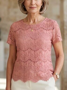 Lily White Pink Floral Lace Short Sleeve Top